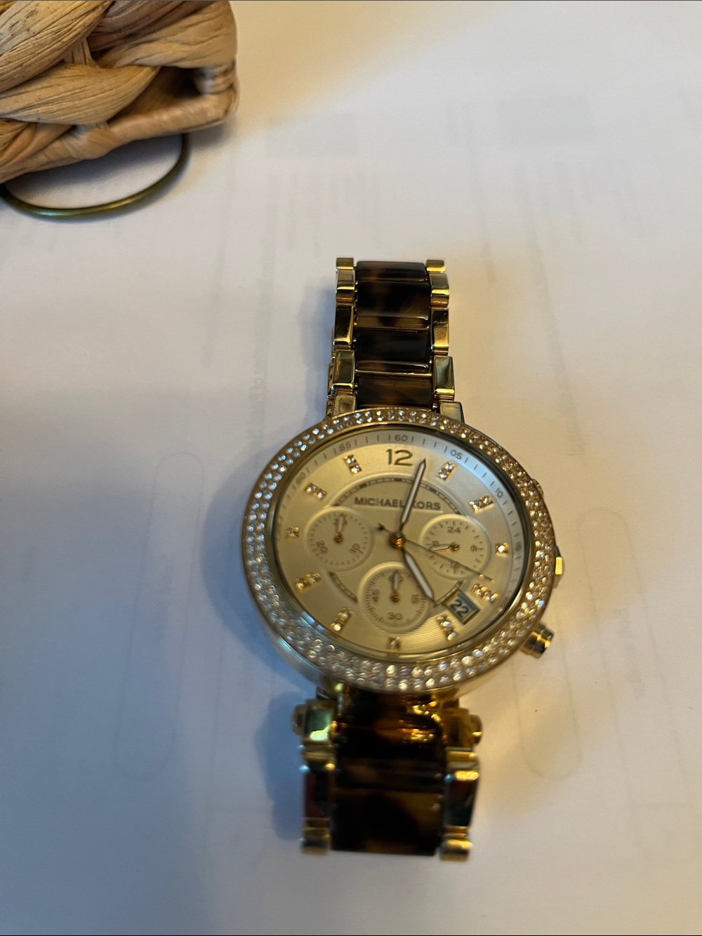 Michael Kors Gold Tone Watch with Tortoiseshell Links and Crystal Bezel